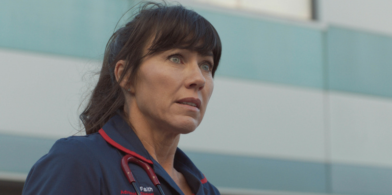   Obete's Kirsty Mitchell as Faith Cadogan outside the hospital