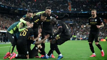 Les joueurs de Man City célèbrent le but de Gabriel Jesus contre le Real Madrid