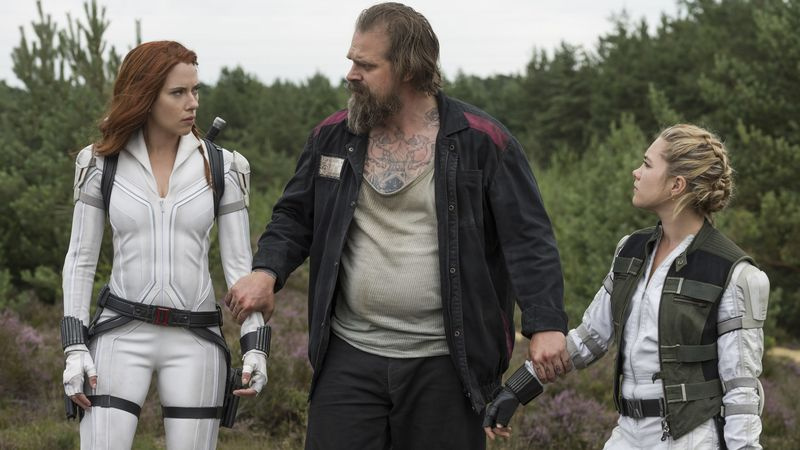 De gauche à droite, Scarlett Johansson, David Harbour et Florence Pugh dans