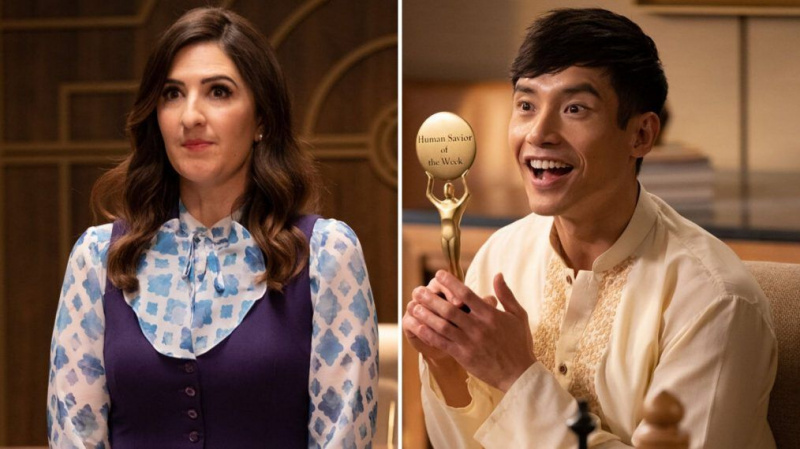 D'Arcy Carden e Manny Jacinto em 'Final do Outono do Bom Lugar e Tabela Tearful Lê