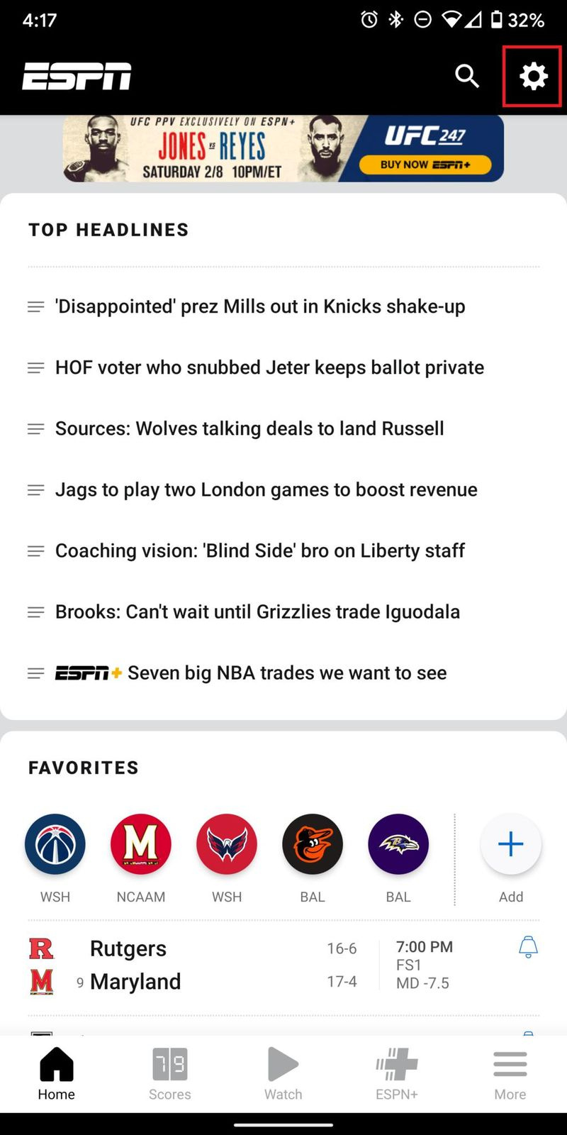 ESPN App para Android Ajustes Equipo Destacado