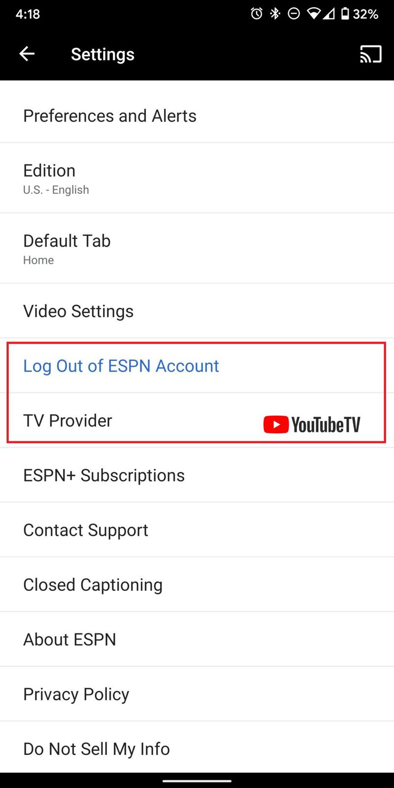 Aplicación de ESPN para Android Ajustes Opciones de inicio de sesión resaltadas