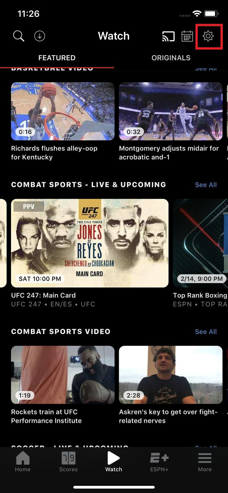Aplikacija ESPN za nastavitve iPhone Označena prestava