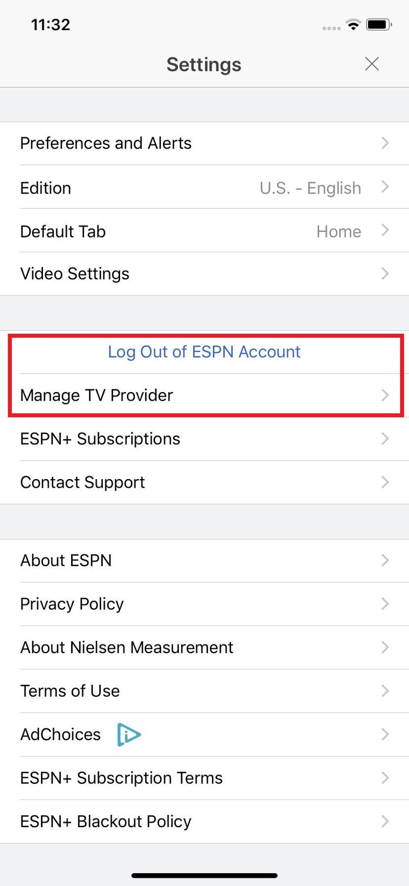 Aplikacija ESPN Nastavitve iOS Informacije o računu so označene