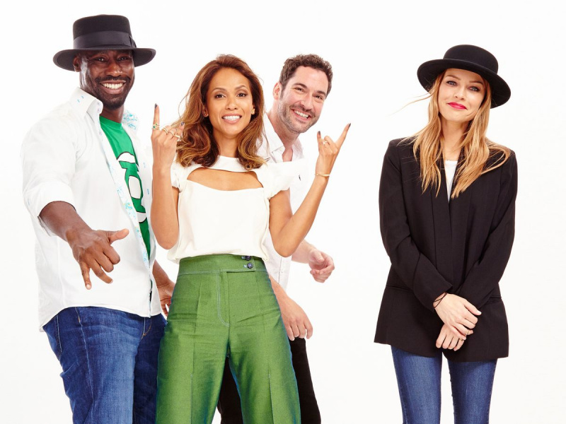 Cast av Lucifer. Fra venstre: D.B. Woodside, Lesley-Ann Brandt, Tom Ellis, Lauren German