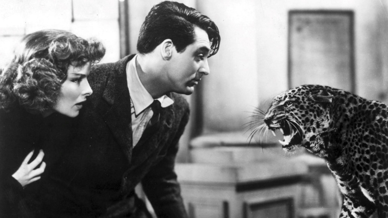   Katharine Hepburn, Cary Grant a leopard vo filme Bringing Up Baby