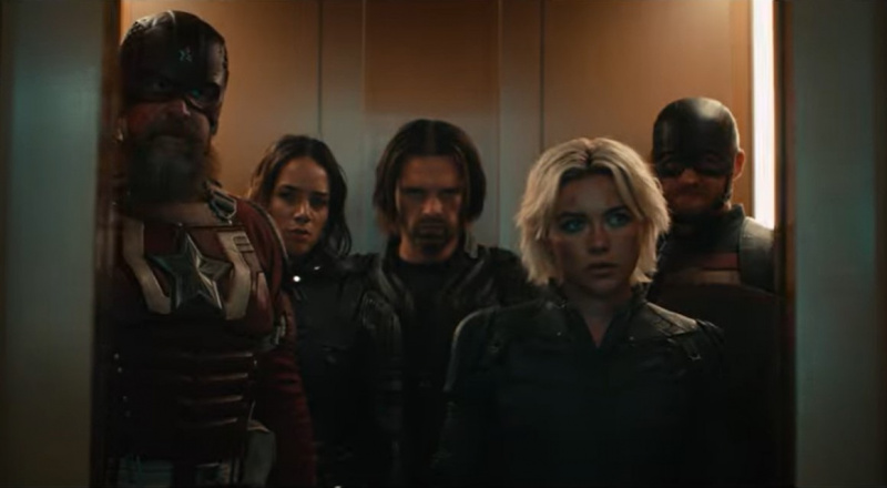   David Harbour, Hannah John-Kamen, Sebastian Stan, Florence Pugh a Wyatt Russell vo filme Thunderbolts