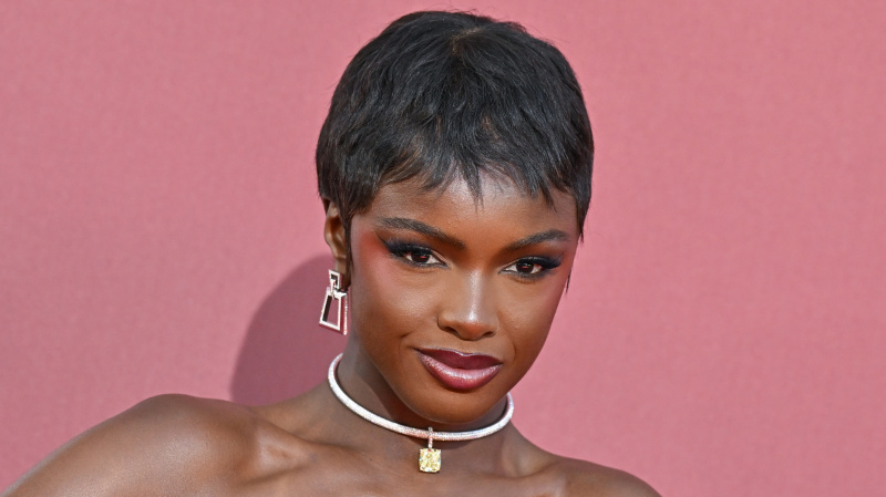   Leomie Anderson กับผมของเธอเกรียนสั้นและมีพื้นหลังสีชมพู