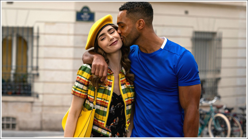   Emilia a Parigi. (Da sinistra a destra) Lily Collins nei panni di Emily, Lucien Laviscount nei panni di Alfie nell'episodio 209 di Emily a Parigi