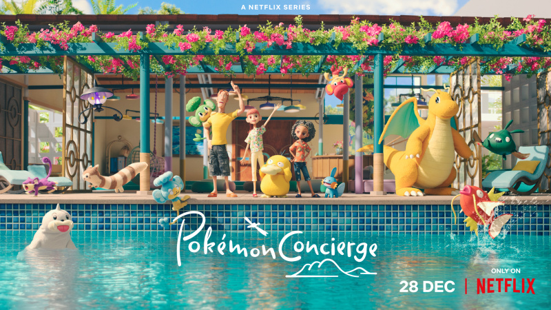   Das Pokémon-Concierge-Poster mit den Charakteren und allen Arten von Pokémon stand am Pool