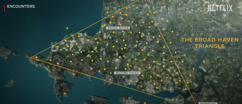   Broad Haven trikampis, rodantis sritį, kurioje, kaip pranešama, įvyko šie pastebėjimai