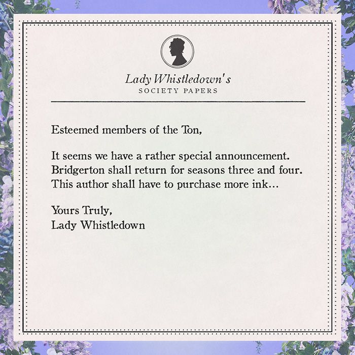 Lady Whistledown kunngjør sesong 3 og 4 av