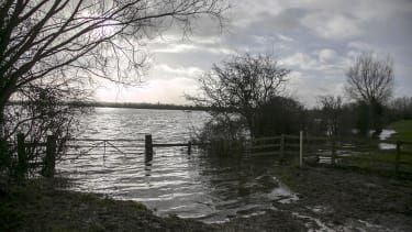 BRIDGWATER, REINO UNIDO - JANEIRO 28: Um portão leva a um campo inundado na ponte Burrow em 28 de janeiro de 2014 em Somerset, Inglaterra. Como Lord Smith, o presidente da Agência Ambiental, adm