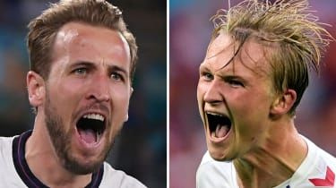 Englands Harry Kane och danske Kasper Dolberg har båda gjort tre mål vid EM 2020