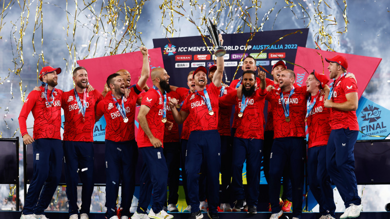 Anglicko's cricket team celebrating a victory over Pakistan in the T20 World Cup final in 2022.