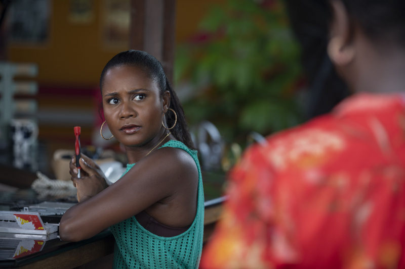   Laurette (Leah Walker) est appuyée sur un comptoir avec un outil de réparation d'ordinateur à la main, tandis que Darlene (Ginny Holder) s'approche du premier plan, floue.