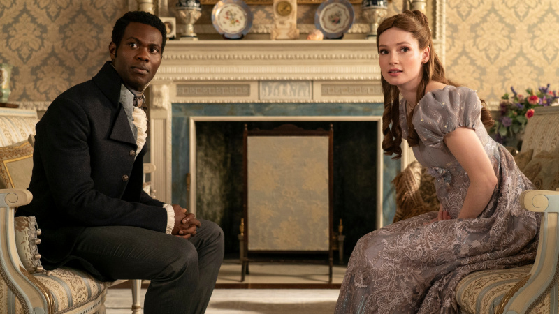   Victor Alli como John Stirling, Hannah Dodd como Francesca Bridgerton en el episodio 306 de Bridgerton.