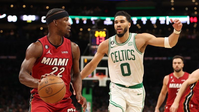  Miami Heat's Jimmy Butler and Boston Celtics' Jayson Tatum