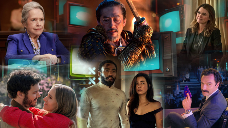 Koláž s Kathy Bates v Matlock, Hiroyuki Sanada v Shogun, Keri Russell v The Diplomat, Adam Brody a Kristen Bell v Nobody Wants This, Donald Glover a Maya Erskine v Mr. & Pani Smithová a Aidan Turner vo filme Rivals