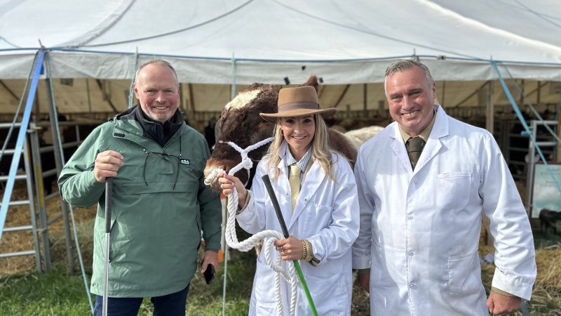   Helen Skelton con una vaca y Rob y Dave Nicholson afuera de una marquesina en el espectáculo del condado de Westmorland en Winter on the Farm.