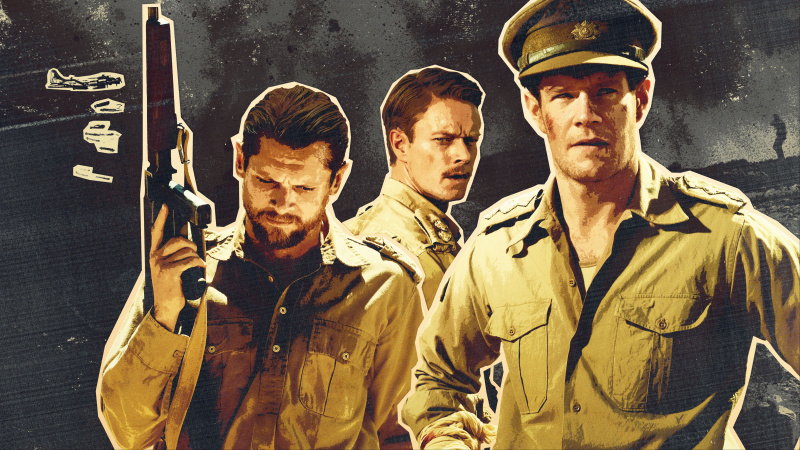   (ซ้าย-ขวา) แพดดี้ เมย์น (แจ็ค โอ'CONNELL), Jock Lewes (ALFIE ALLEN), David Stirling (CONNOR SWINDELLS) in the SAS Rogue Heroes key art