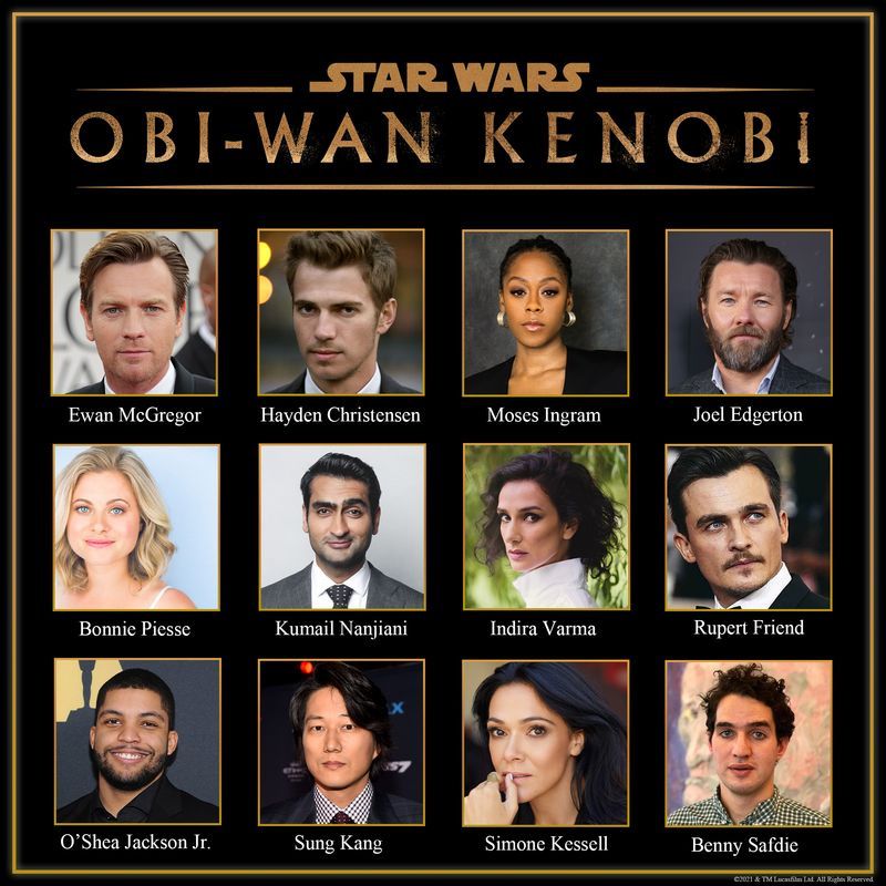 Distribuția serialului Obi-Wan Kenobi, incluzând Ewan McGregor, Hayden Christensen, Moses Ingram, Joel Edgerton, Bonnie Piesse, Kumail Nanjiani, Idira Varma, Rupert Friend, O