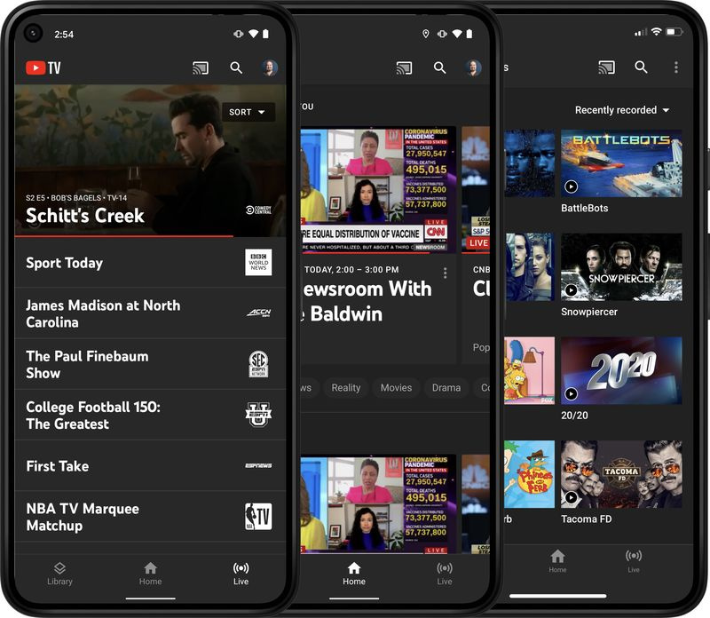 YouTube TV όπως φαίνεται σε τηλέφωνο